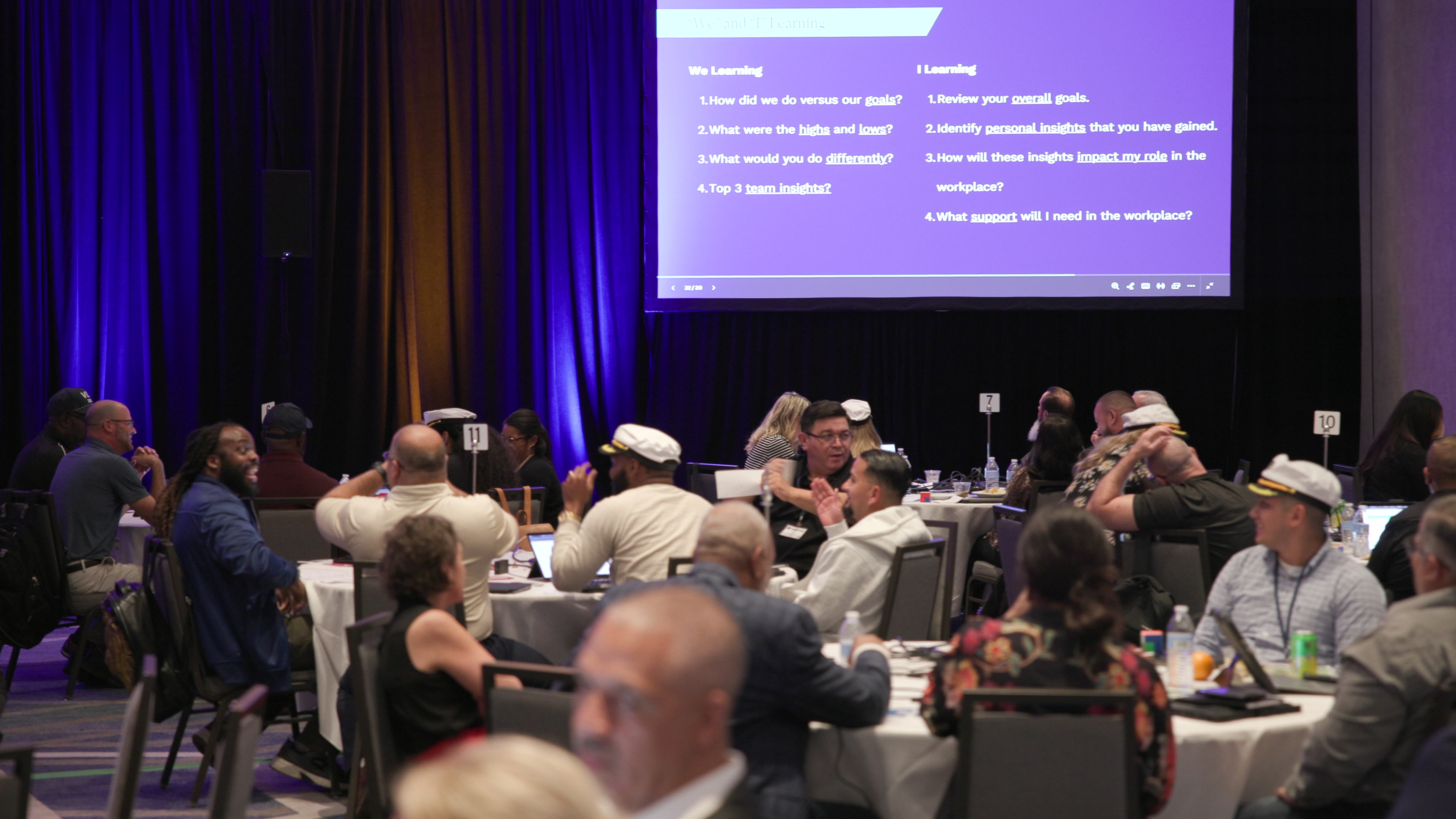 A wide view of a conference room with participants seated at round tables, some wearing captain's hats, while a presentation slide is displayed on a large screen.