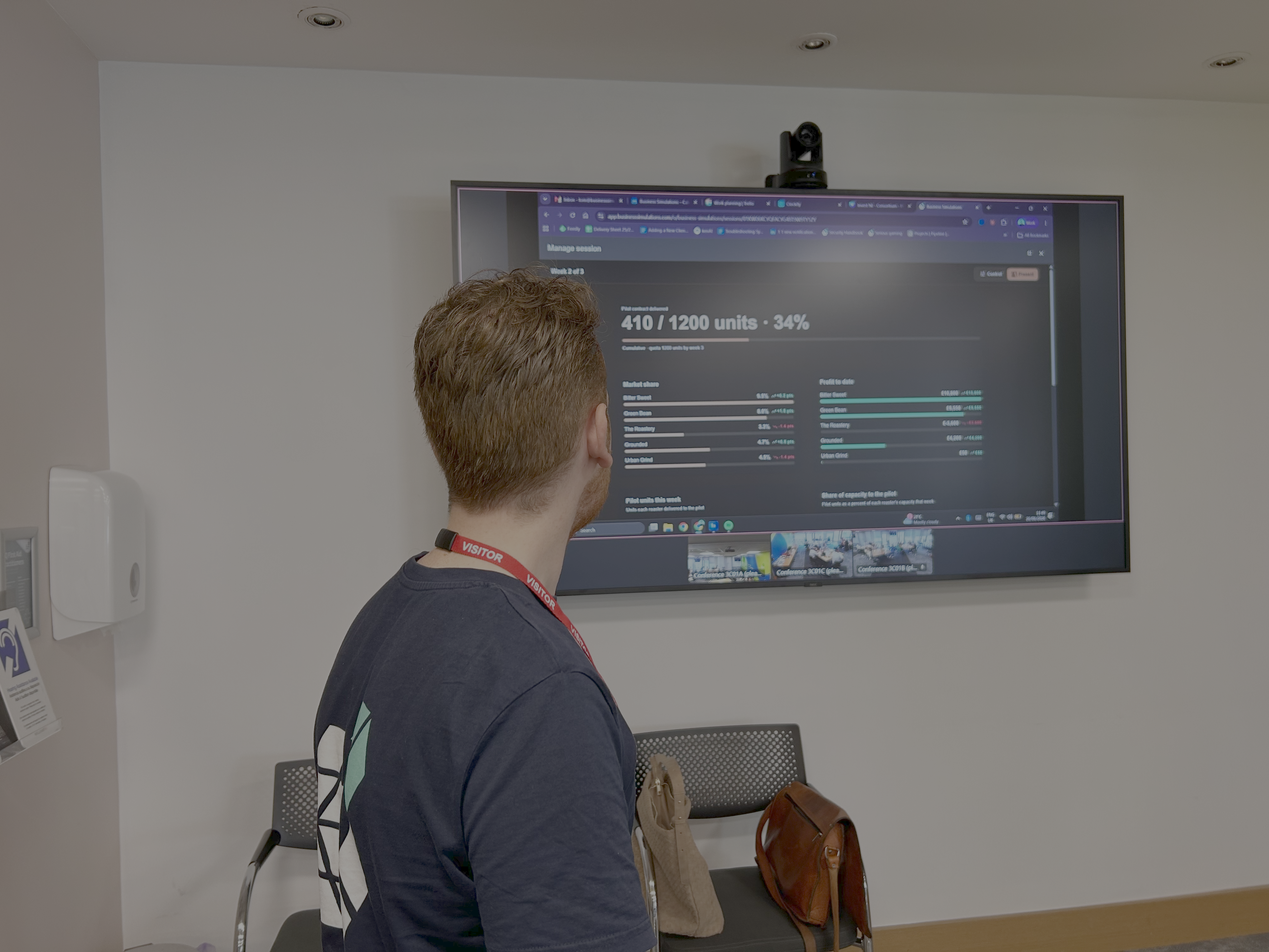 A leader studying a live performance dashboard during a business simulation, reading market share and unit sales in real time