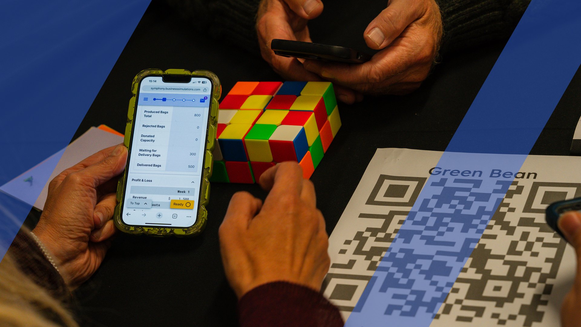 Participants in a live business simulation reviewing profit and loss and revenue figures on a phone, with the Business Simulations brand motif overlaid