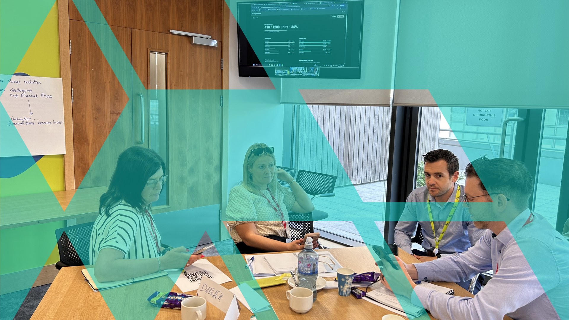 A team around a meeting table reviewing a business simulation dashboard on a wall screen, overlaid with a teal Business Simulations brand motif