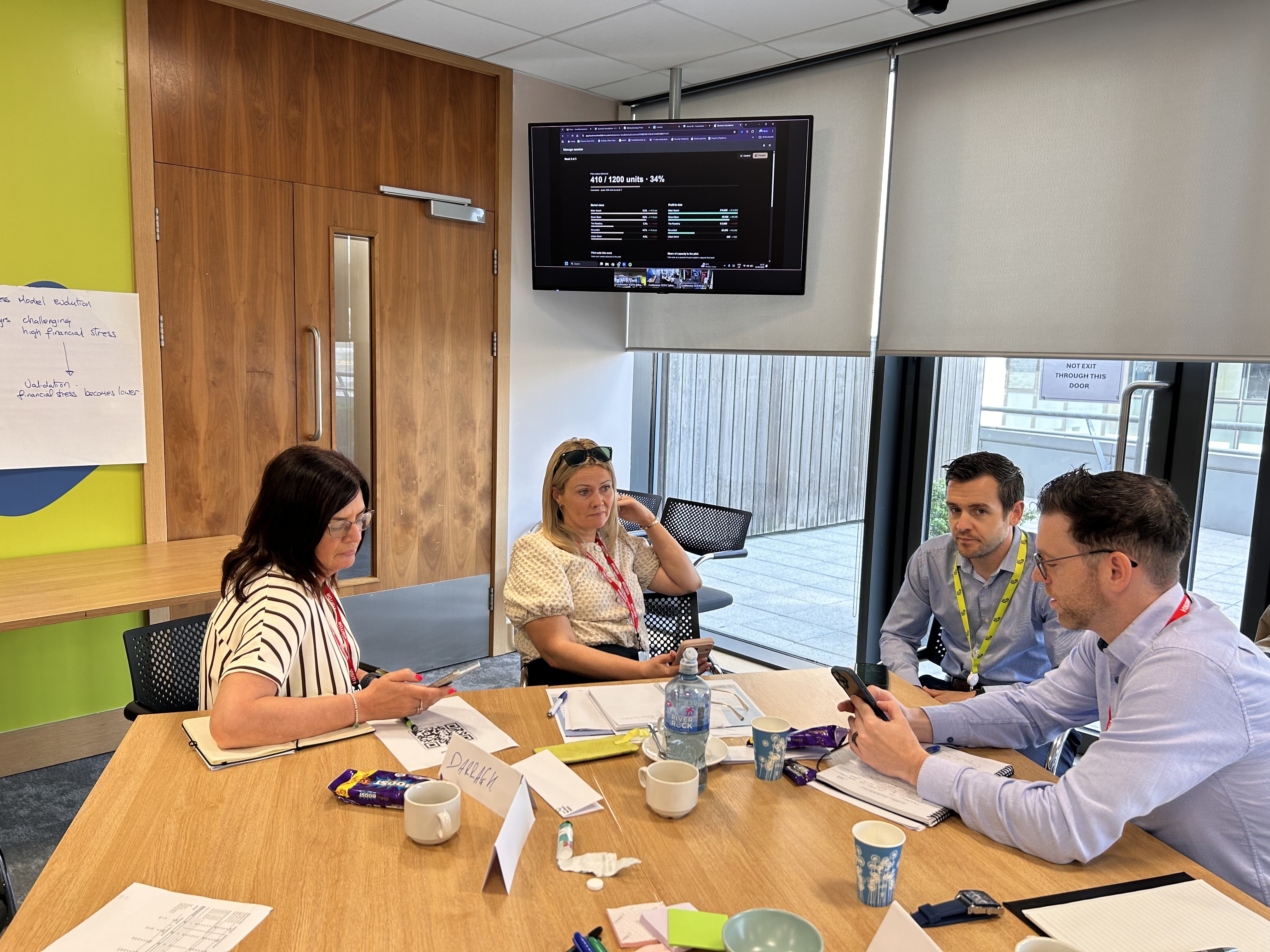 Four professionals engage in discussion around a wooden table during a business simulation exercise in a modern office.